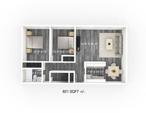 Floor plan for 2 beds, 1 bath, 821 sqft